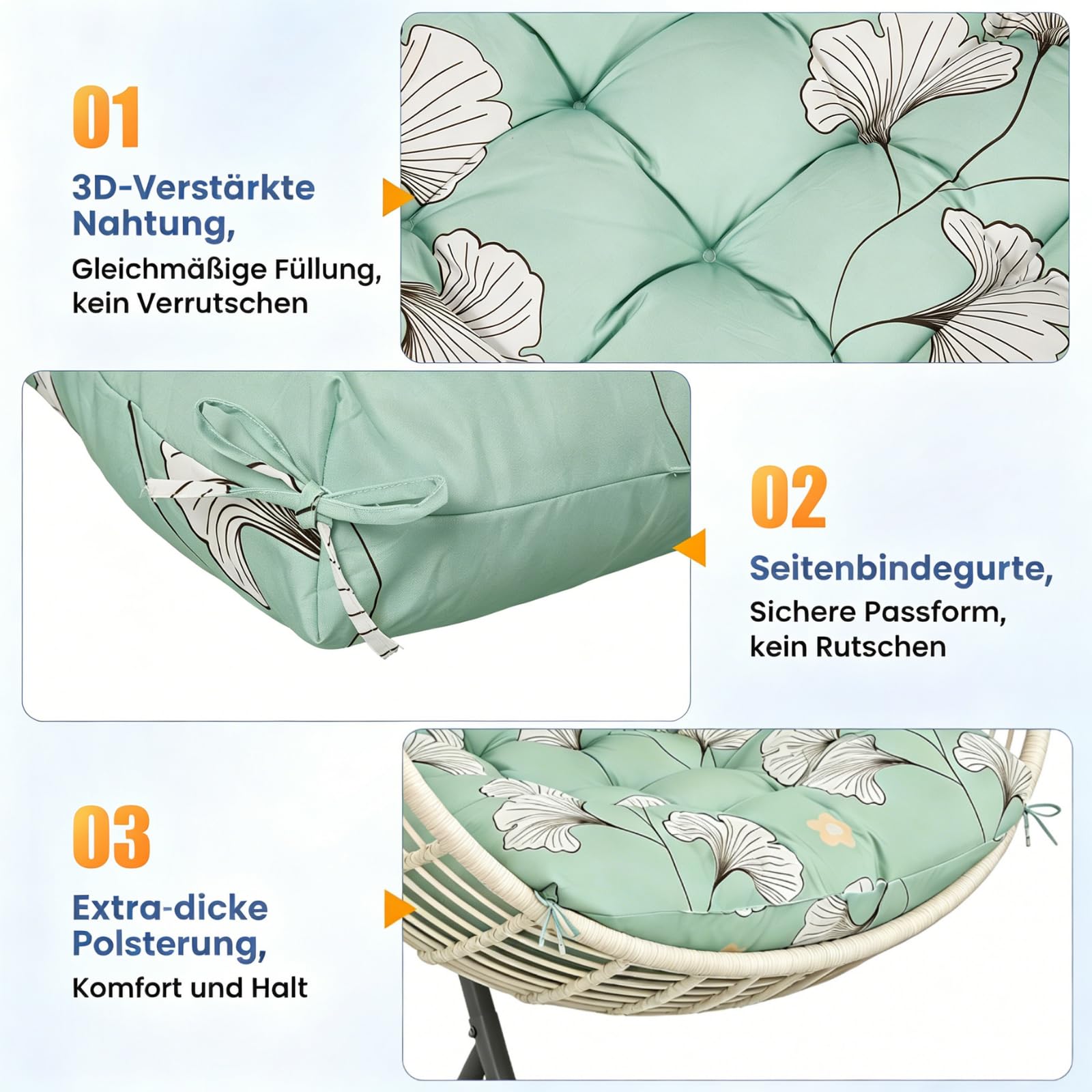 Kissen für Egg Chair, Hängesessel-Kissen 120 x 85 x 18 cm, wasserfestes Ersatzkissen für Schaukelstuhl (nur Kissen), dickeres Hängesessel-Kissen für Garten, Außen- und Innenbereich, Blatt