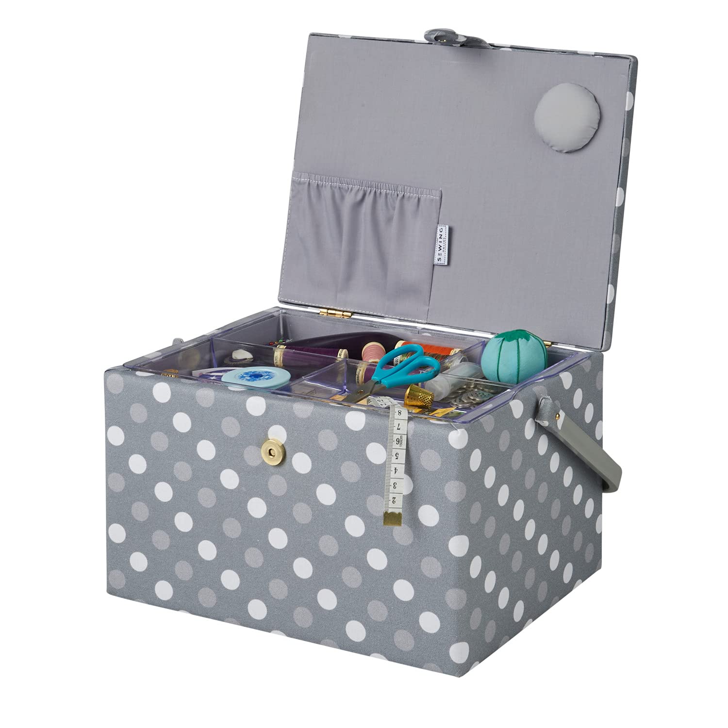 Sewing Online Duże pudełko do szycia, szare plamki | 31 x 23 x 20 cm | Koszyk do przechowywania i organizowania z przegrodami na przybory do szycia, akcesoria, nici, igły i nożyczki - GA1129L