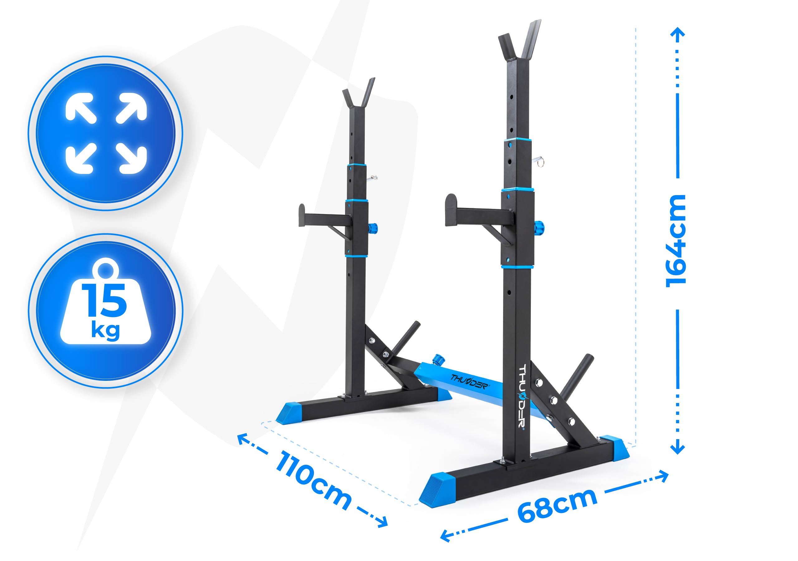 Soporte pesas THUNDER ajustable, con seguros, acero 200 kg, para press banca, sentadillas y fuerza.