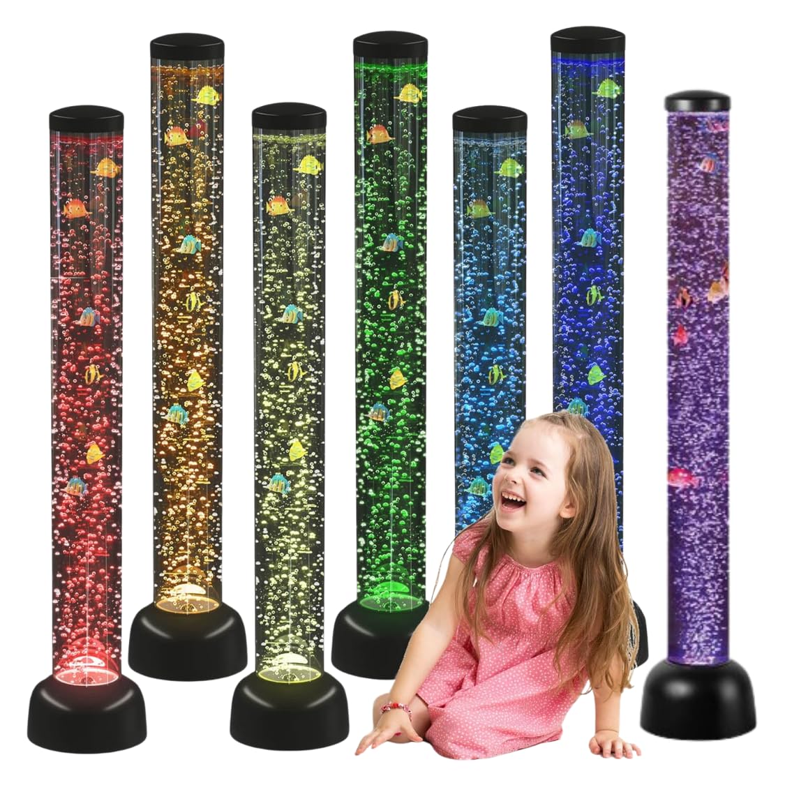 Playlearn Large Black 105cm Bubble Tube Floor Novelty lamp with Fish & LED Lights -Sensoy Colour Changing Bubble Fish Lamp Creates Relaxing Atmosphere Mood