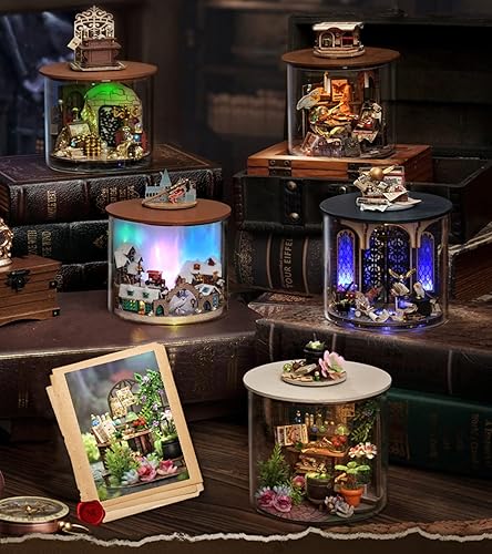 Miniatura 6 de Kit de muebles de madera en miniatura para bricolaje, mini modelo de casa de muñecas hecho a mano con cubierta antipolvo y LED, escala 124, juguetes