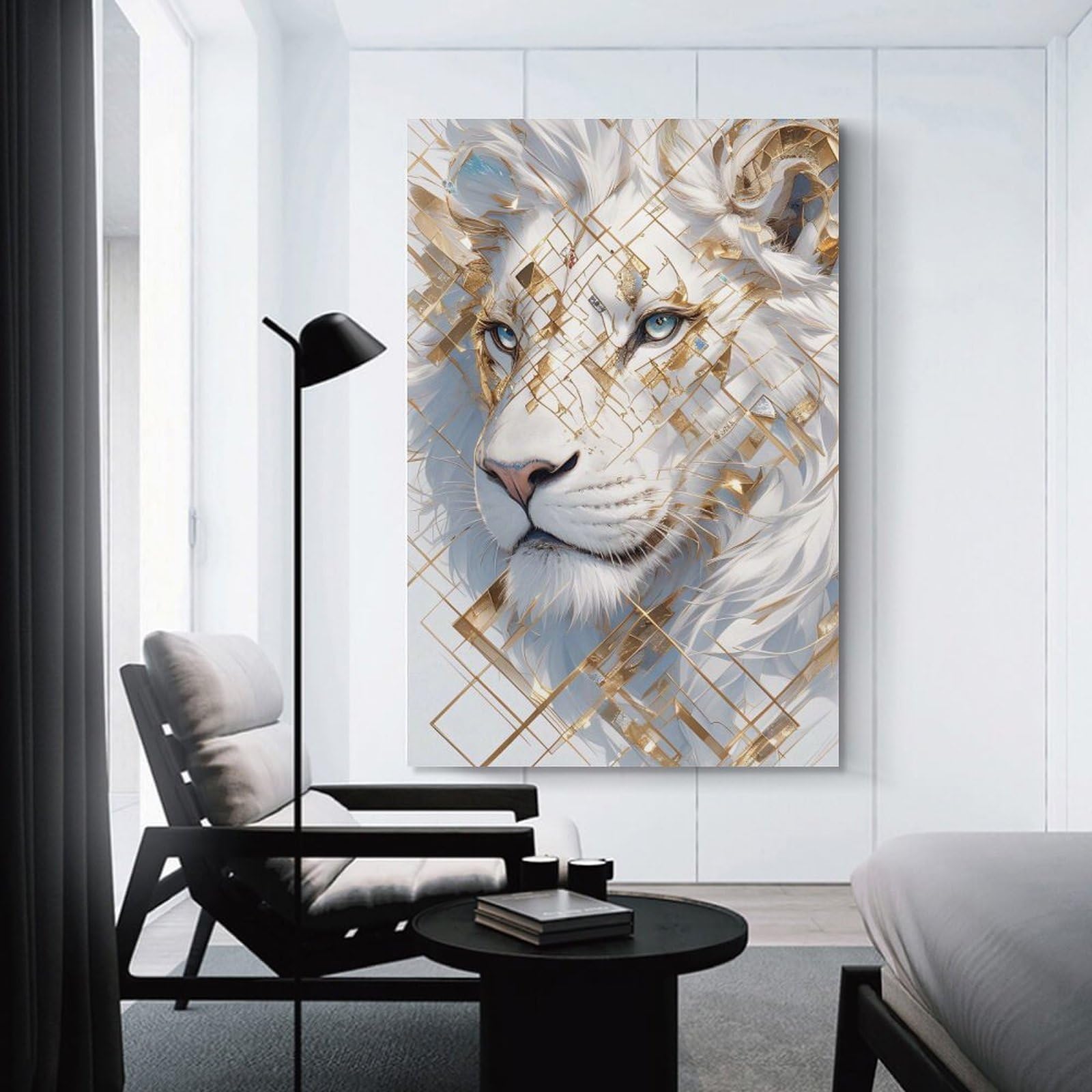 Junmoney Hanging Wall Art White Lion with Golden Geometric Pattern, 24x36inch(60x90cm), for Work Areas, Reading Rooms Or Studios, Wall Art That Adds Style to Work Areas
