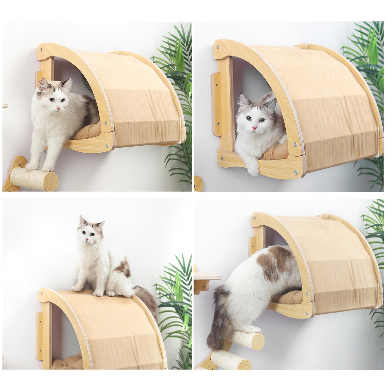 Albero per Gatti, Set di Tiragraffi da Parete, Parete da Arrampicata in Legno da 4 Pezzi con Rivestimento in Peluche Salvaspazio per Dormire e Giocare