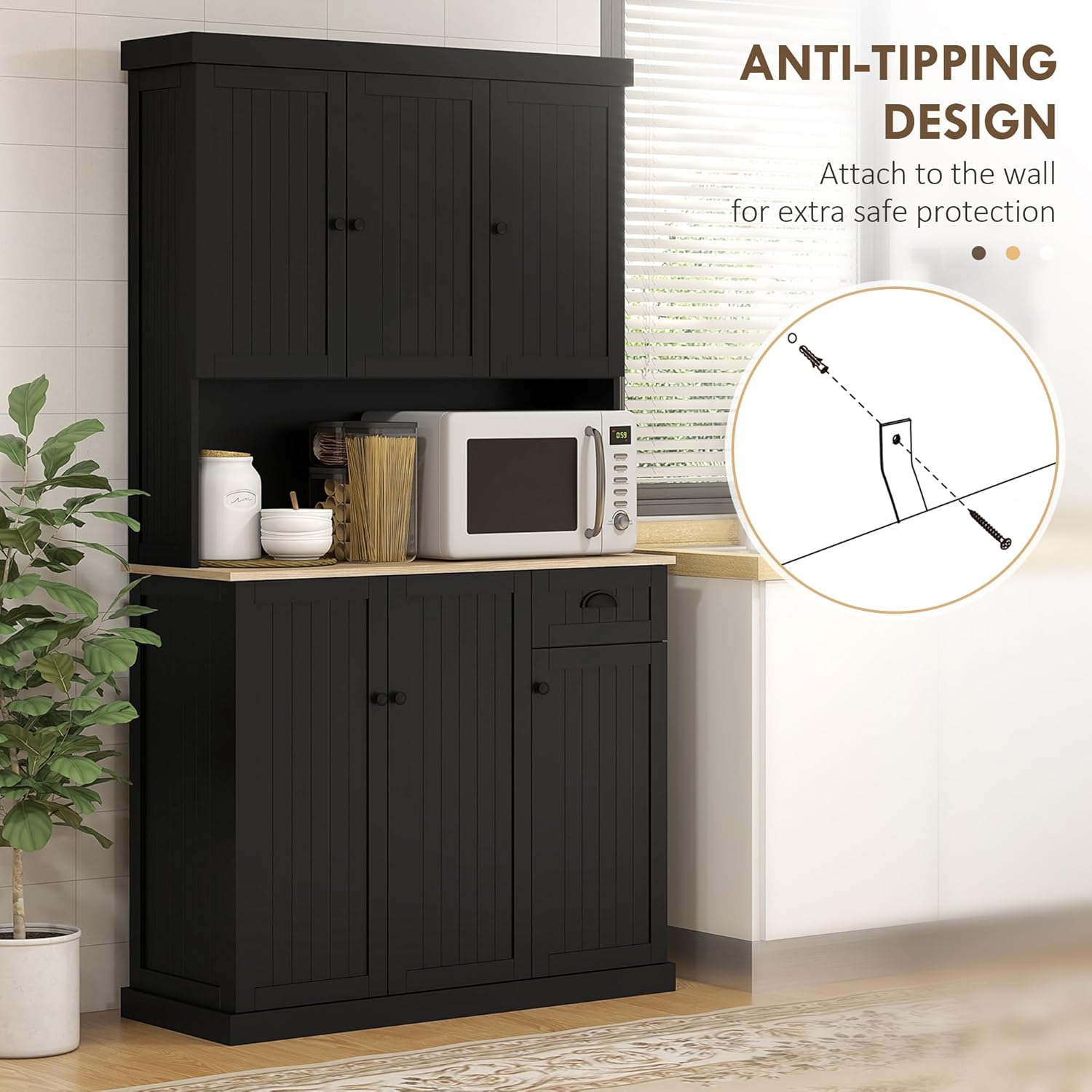 71" Black Modern Farmhouse Kitchen Pantry Storage Cabinet with Hutch
