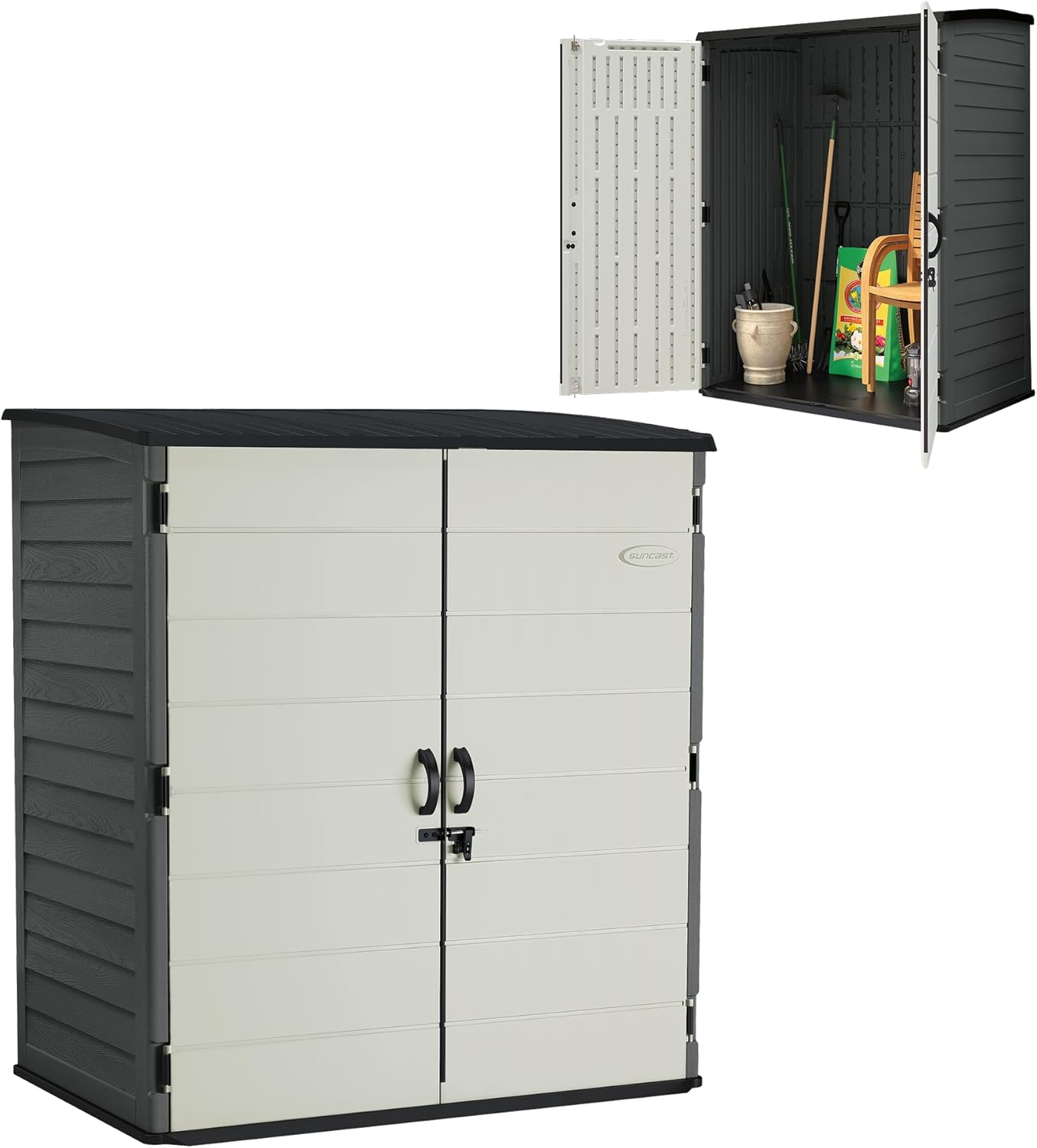 Suncast 106 Cu Ft Vertical Storage Shed Review: Best Weatherproof Organizer for Garden Tools & Lawn Gear