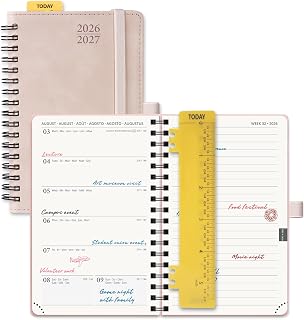 POPRUN Pocket Agenda 2026 2027 A6 Weekly Planner And Notebook From August 2026 To December 2027 School Year Small Size 16 x 10.5cm - Soft Spiral Binding, Paper 80g/m²,Pink