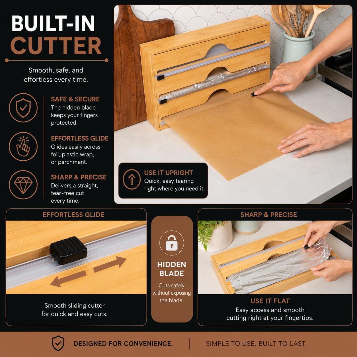 3-in-1 Bamboo Kitchen Wrap Organizer | Wall, Drawer & Counter | Serrated Cutter | Fits Any 12" Roll | Avero Brands