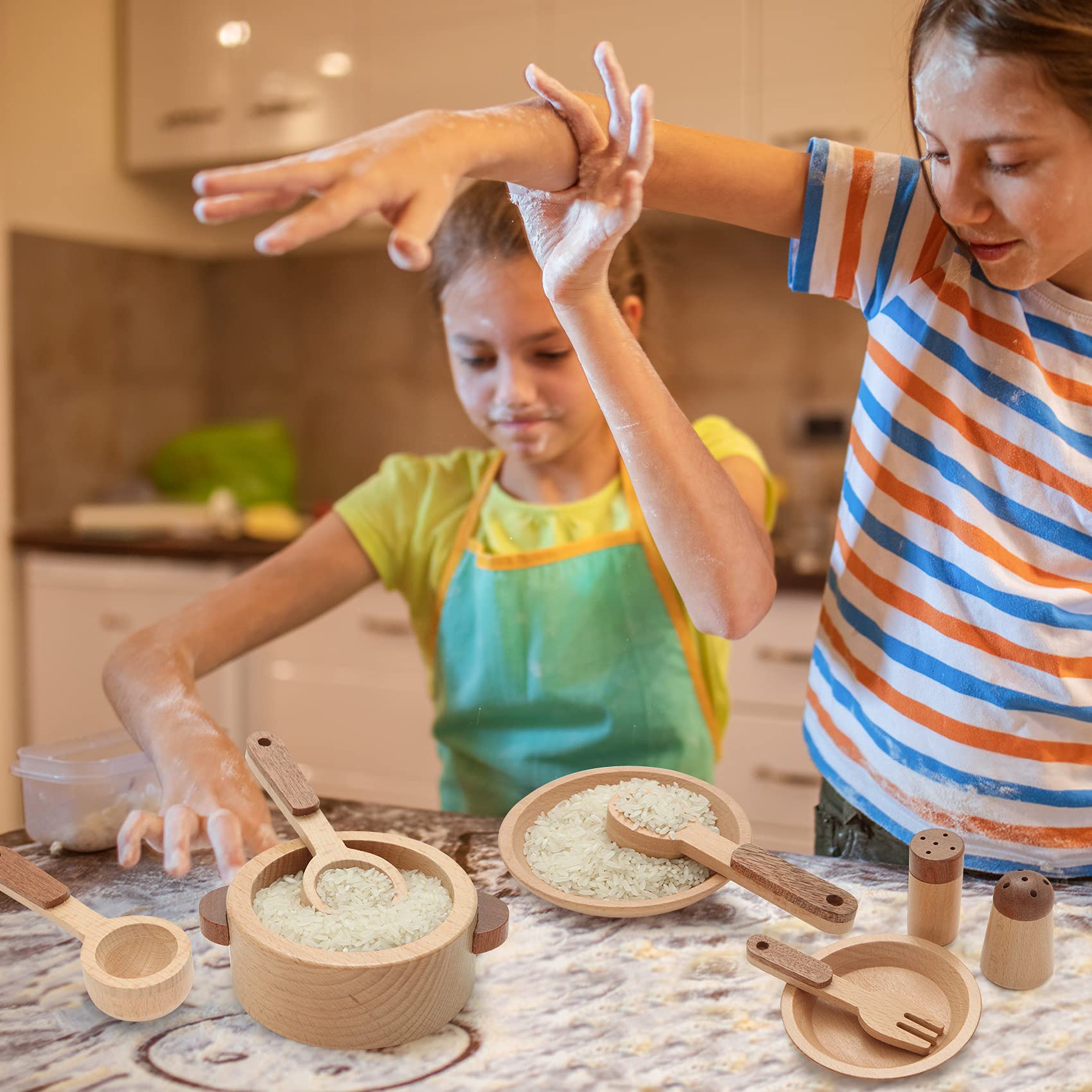 Juguetes de madera para jugar accesorios de cocina, juguetes Montessori para niños de 1, 2, 3, 4, 5 años o más, platos de cocina de juguete y juego de comida de juego, juegos de cumpleaños 7