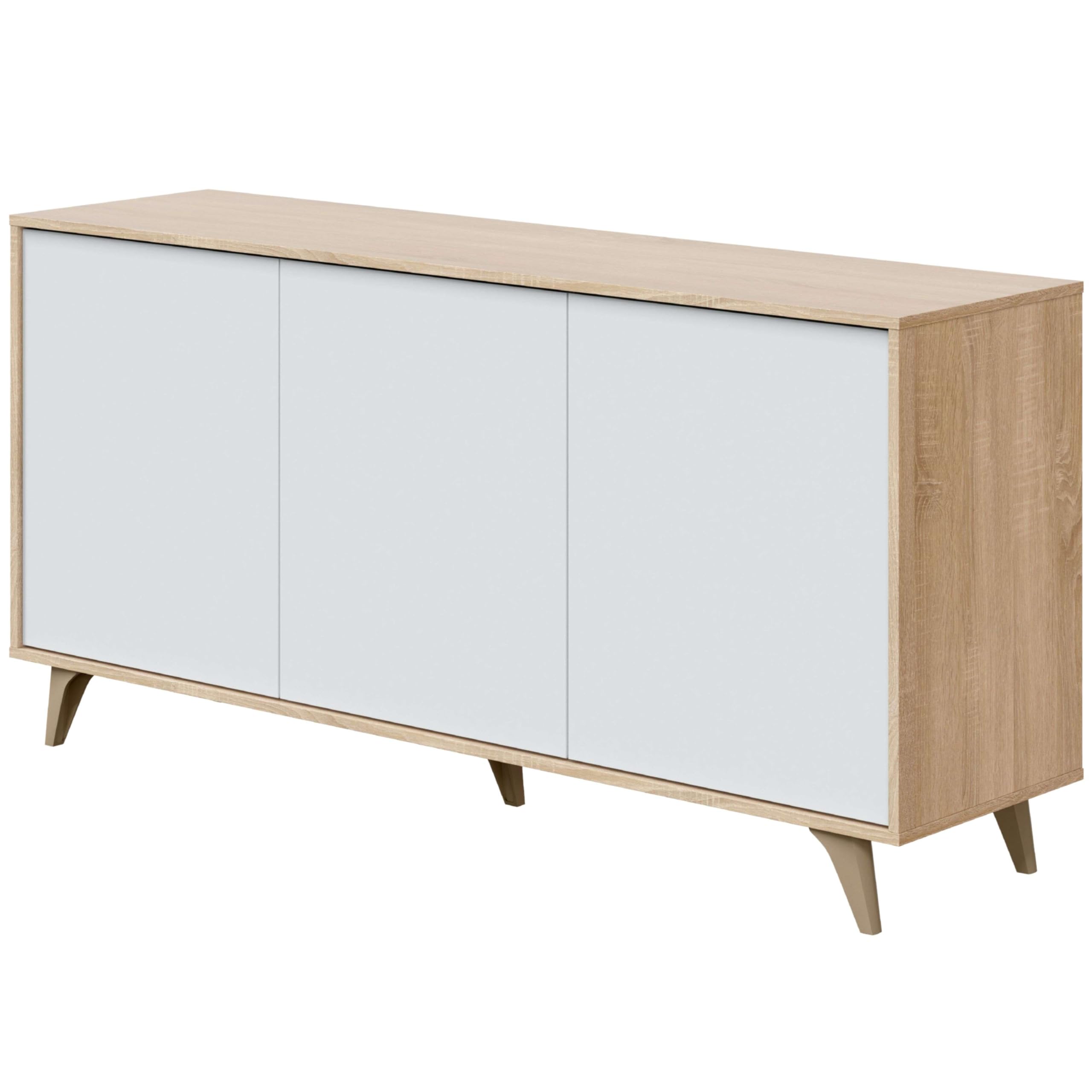 Habitdesign Aparador 3 Puertas, Bueffet para salón, Armario Auxiliar, Modelo Kikua Plus, Acabado en Blanco Artik y Roble Canadian, Medidas: 154 cm (Ancho) x 75 cm (Alto) x 40 cm (Fondo)