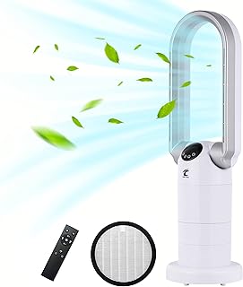 Ocean Loong Bladeless Tower Fan and HEPA Air Purifier in One, 120°Oscillating Bladeless Fan, 29inch Powerful Desk Fan with Remote, 9 Speeds 9H Timer Air Circulator for Office Home(White)
