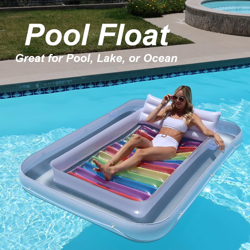 Inflatable Tanning Pool Lounger Float w/Reflective Base (Electric Pump Included) 85” x 58” - Sun Bathing Sun Tanning in Pool or Backyard: White (W/ Reflective Base)