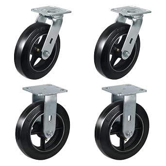 8"x2" Industrial Caster, Rubber on Cast Iron Wheels- Set of 4 Casters with Up to 4400 LB Capacity, Black Plate Caster Wheels for Platform Truck Workbench 2 Swivel & 2 Rigid