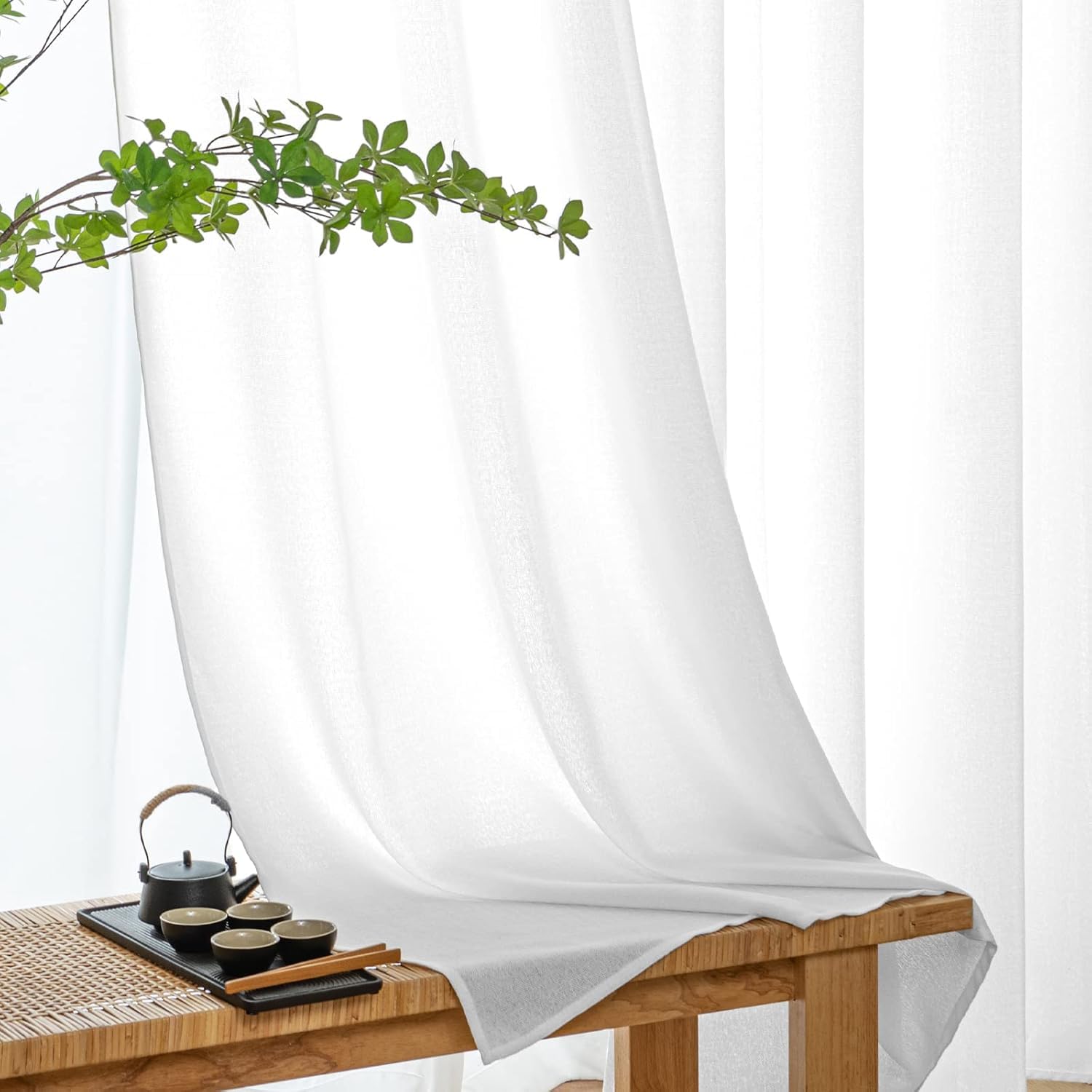 MIULEE Tende Lino con Anelli Effetto Lino Soggiorno Moderna Tenda Voile Semitrasparenti Naturale 2 Pezzi, 140 x 280 cm Bianco