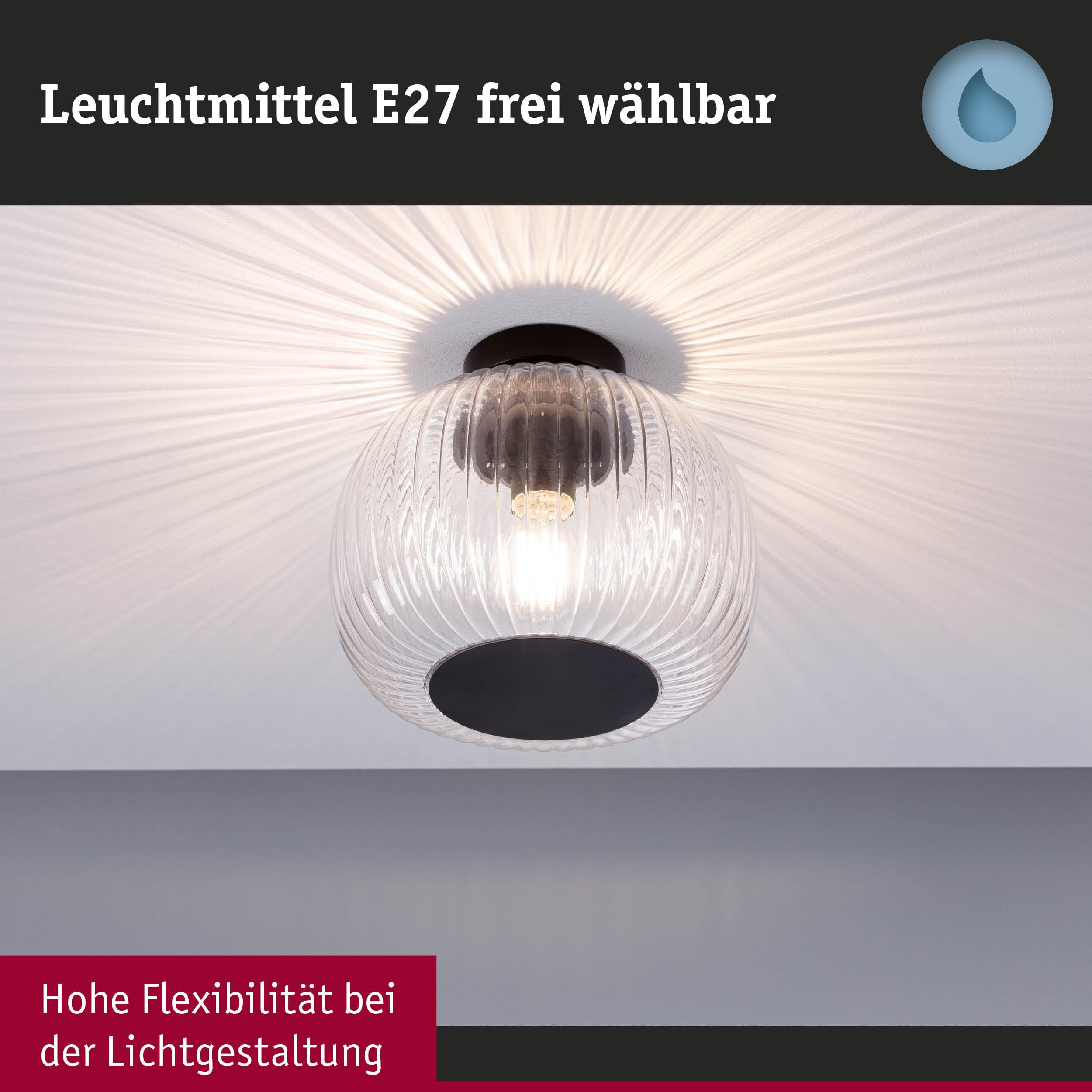 Paulmann 71146 Selection Bathroom Deckenleuchte Ruya IP44 E27 230V max. 60W Glas, Schwarz matt Wand-/Deckenleuchte, Badbeleuchtung
