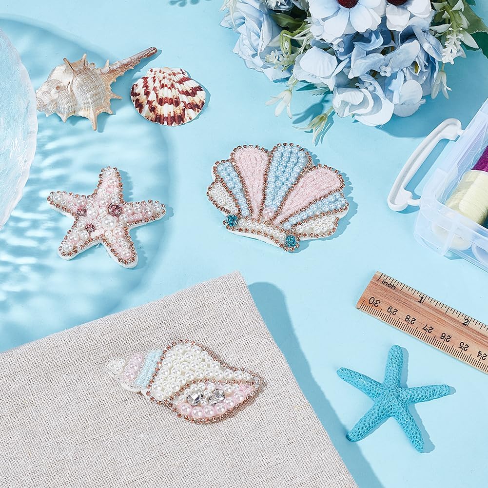 WEBEEDY 3 Styles Sea Animals Beaded Patches Pearl Applique Sewing Patches Pink Conchs Shells Starfish Shape Rhinestone Beaded Applique for Clothes Bag Pants Shoes Hats Summer DIY Accessories