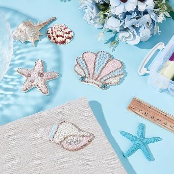 WEBEEDY 3 Styles Sea Animals Beaded Patches Pearl Applique Sewing Patches Pink Conchs Shells Starfish Shape Rhinestone Beaded Applique for Clothes Bag Pants Shoes Hats Summer DIY Accessories