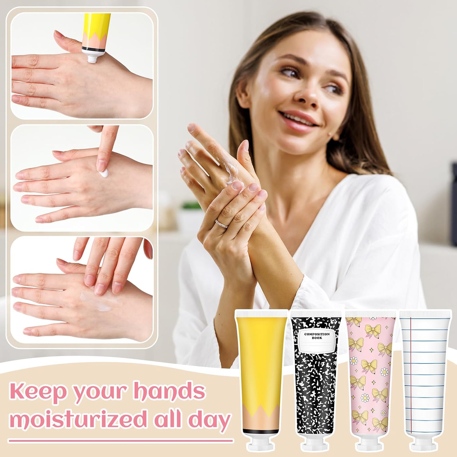 24 Pcs Teacher Appreciation Gift Bulk Hand Cream Thank You Gifts for Teachers Composition Book Pencil Bow Notebook Theme Small Hand Lotions Party Favors for School Home Office