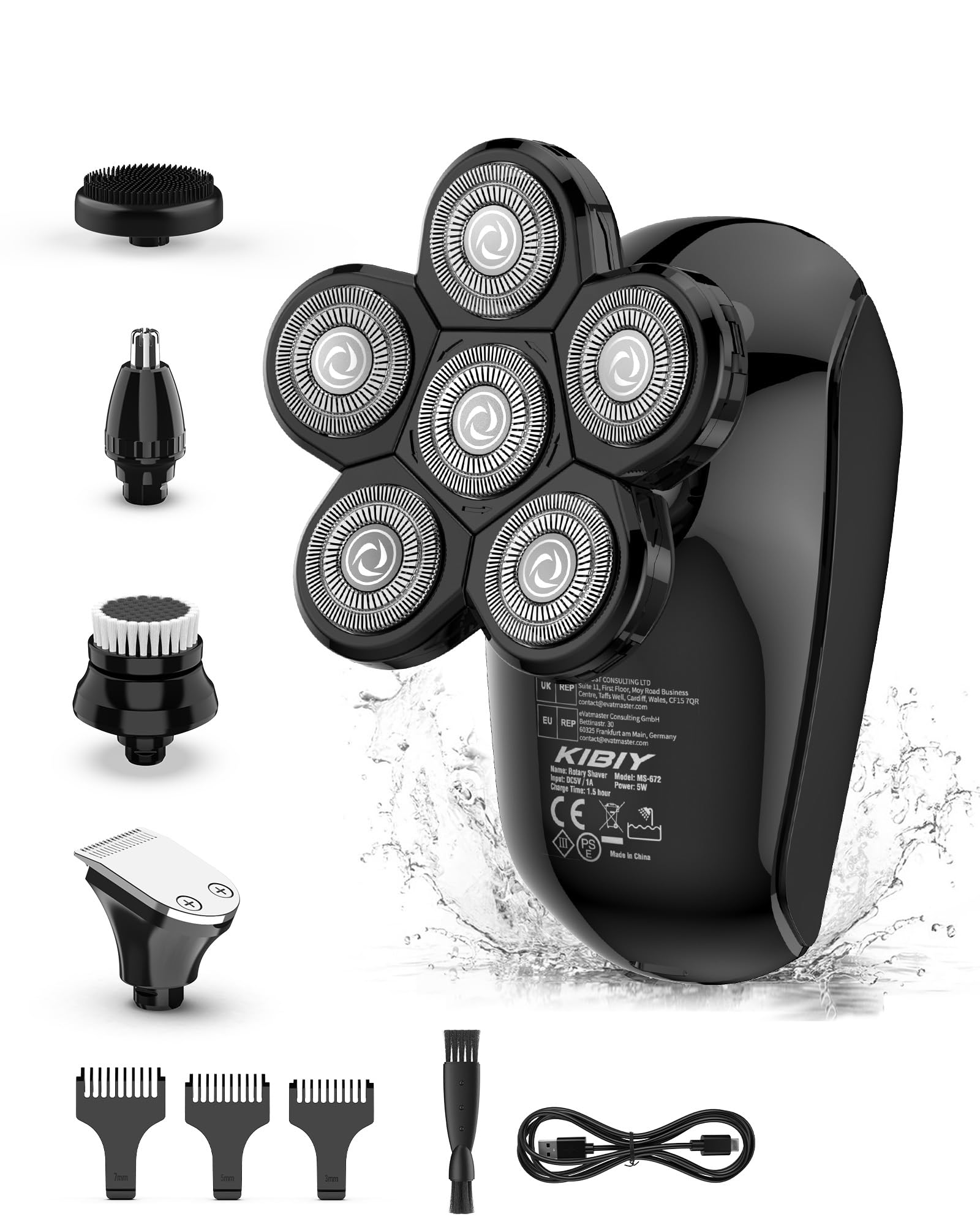 Rasoio testa calva, Kibiy 5 in 1 LED rasoio testa con 6 testine di rasatura rotanti, 100% impermeabile rasoio capelli uomo testa calva, ricaricabile di tipo C, kit per la cura dei peli di barba e naso