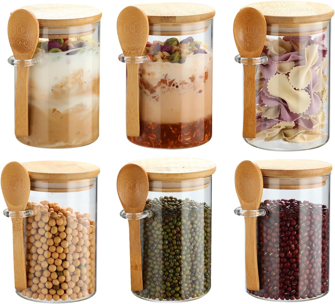 6 Pack Glass Jars with Bamboo Lids and Spoons for Loose Leaf Tea Storage, 17 OZ Overnight Oat Container with Lid and Scoop, Glass Canister Set as Tea Container for Loose Leaf Tea Holder 17OZ-6Pack-Round