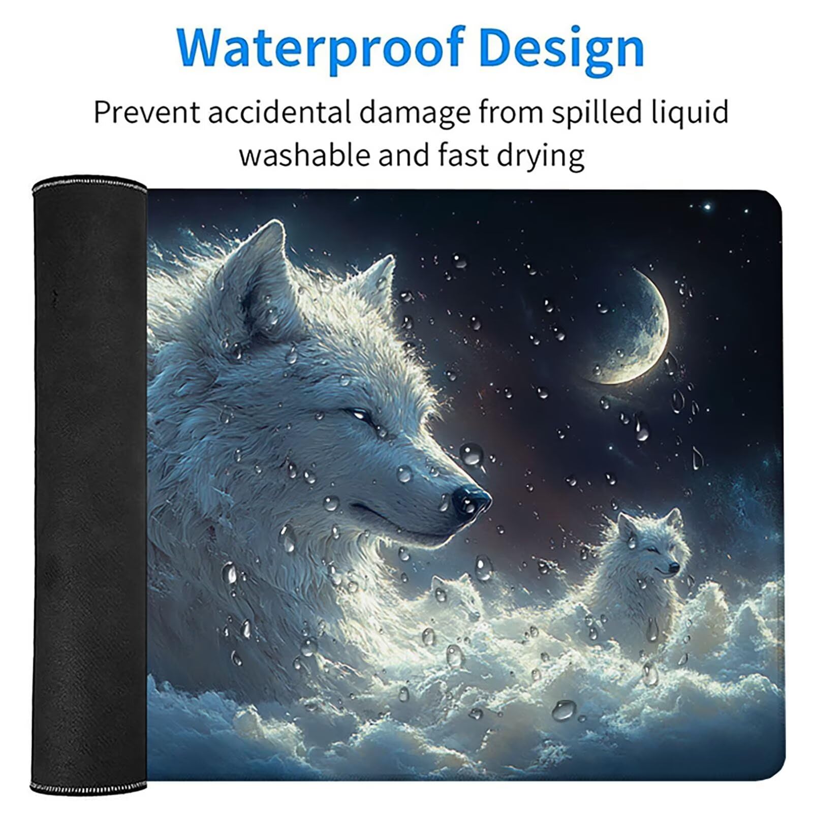 Podkładka pod mysz Moon XXL 1500 x 800 x 3 mm, podkładka pod mysz do gier z wilkiem, podkładka pod mysz z gumową podstawą, podkładka pod mysz dla graczy ze szwami na krawędziach, akcesoria dla graczy