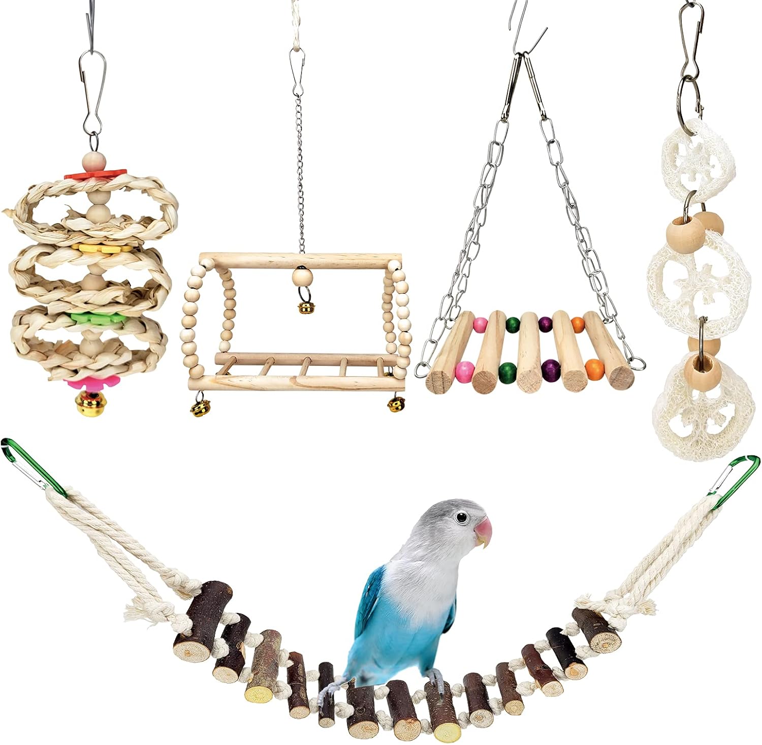 RF-X Bird Toys for Parrots, Parrot Toys Set of 5, Natural Balsam Wood Ladder Chewing Cockatiel Toys, Small and Medium Sized Parrot…