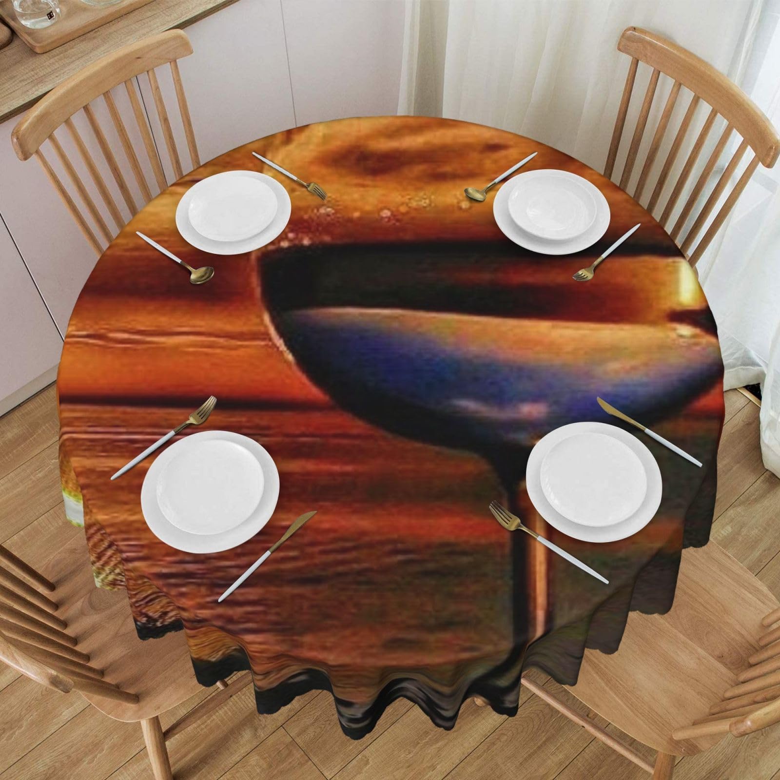 DCEHGEW 60 In Round Tablecloth with Lace, Sunset Wine Glass Printed Oilproof & Washable Fabric Picnic Table Cloth Table Covers