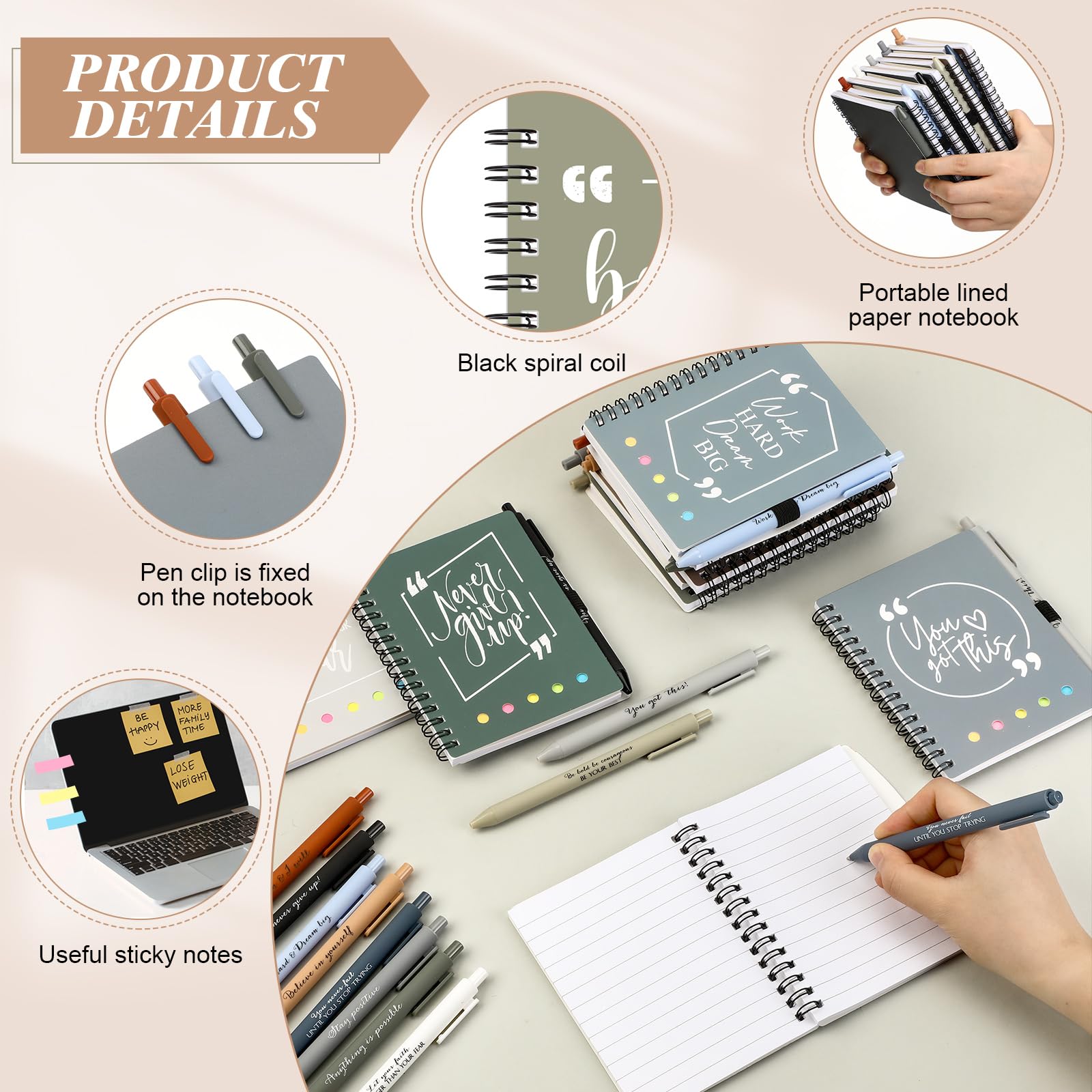 Tenceur Lot de 30 carnets à spirales inspirants en vrac avec stylos à bille de motivation, bloc-notes autocollant, cadeau de remerciement pour les employés, les enseignants, les collègues