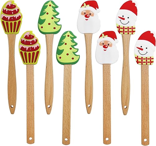 8 espátulas de silicona de Navidad, espátula de decoración de pasteles de Navidad, espátula de pastel de Navidad con mango de madera, raspador de