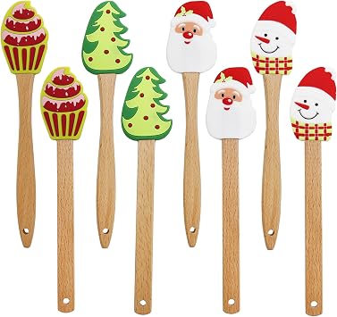 8PC Christmas Silicone Spatula Set - Santa Design Wood Handle for Baking, Cake Decor, Cooking Non-Scratch Xmas Dish Scrapers, Holiday Kitchen Gift for Bakers