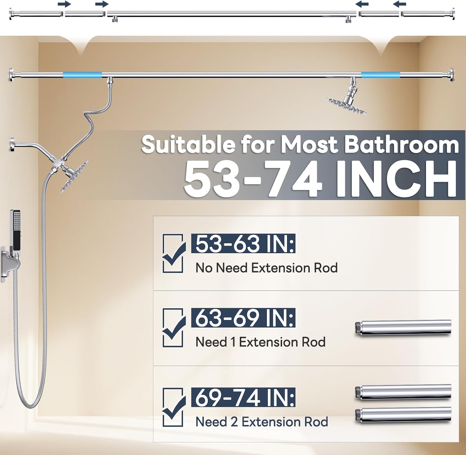 Dual Shower Head for Couples, Adjustable High Pressure Tandem Shower System with 6-Setting Diverter, Rain Shower Head with Handheld Combo, Fits 53"-74" Wide Bathrooms, Polished Chrome thumbnail