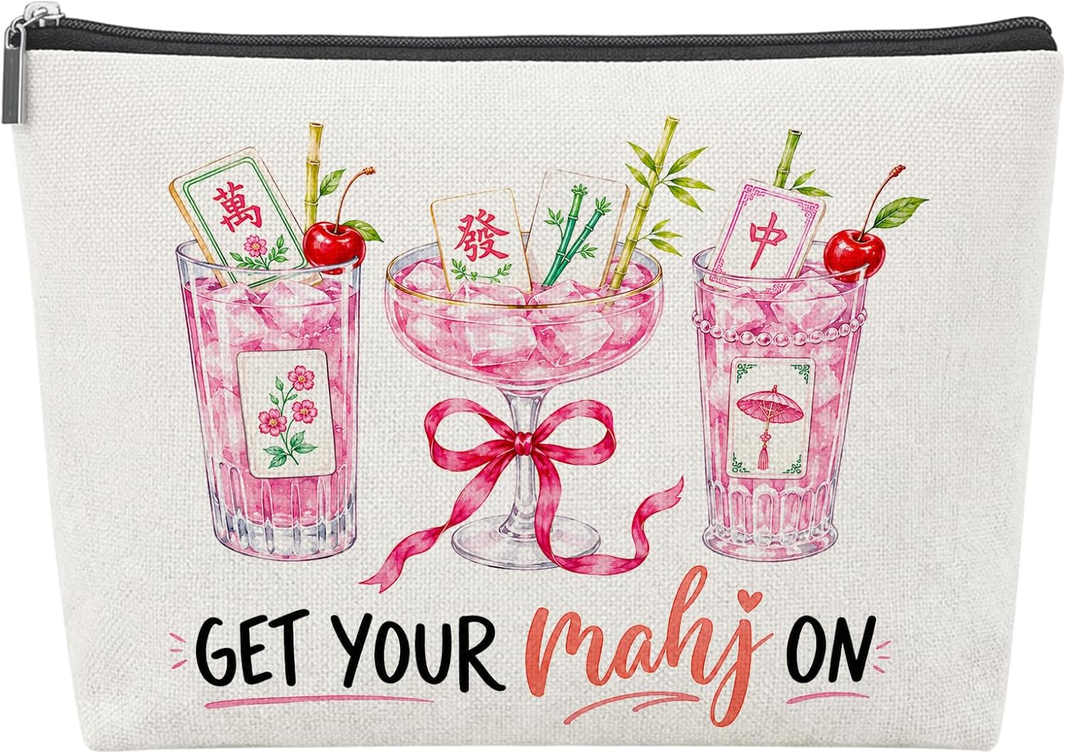 Coquette Bow Pink Cocktail Funny Mahjong Tile Bag with Zipper
