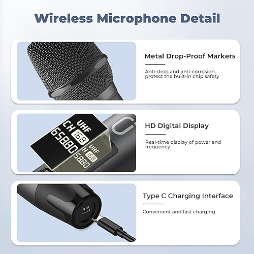 Miniatura 4 de HWWR Micrófonos inalámbricos, micrófonos duales UHF profesionales para karaoke, sistema de micrófono dinámico inalámbrico con receptor recargable,