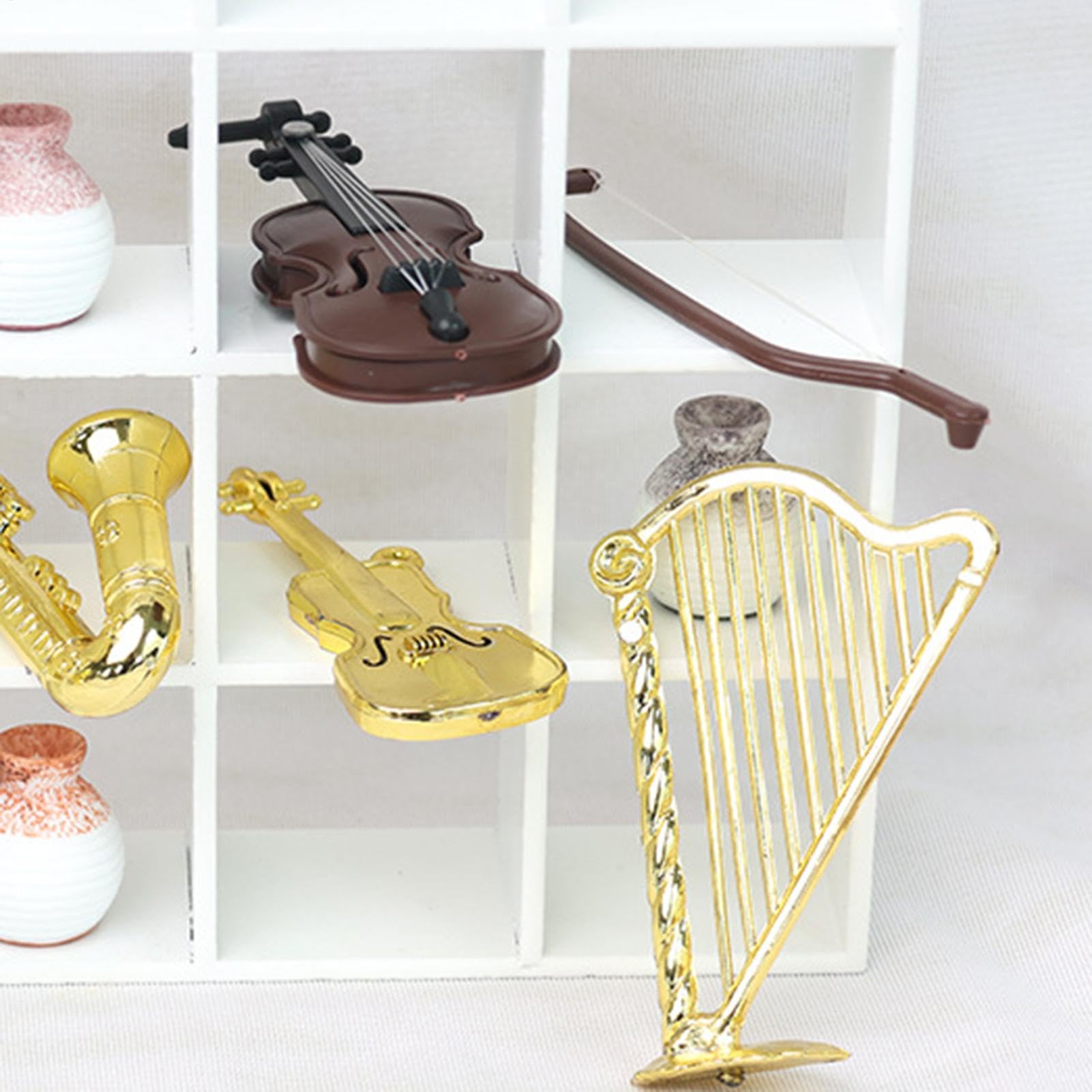 Arpa de oro en miniatura,Arpa en miniatura - Juego de 5 adornos de escritorio con arpa pequeña,Instrumento musical, modelo de instrumento musical en miniatura 1:12, modelo de arpa para decoración de c