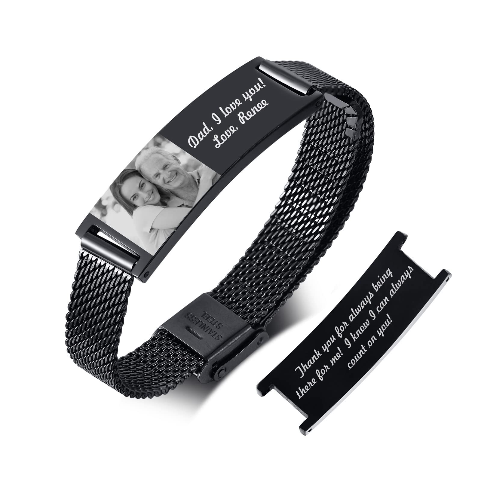 FLHEART Personalised Photo ID Bracelet For Men - Black Custom Engraved Photo And Text Name Stylish Mesh Band Adjustable Stainless Steel ID Bracelet Jewellery Customised Gift for Husband Dad