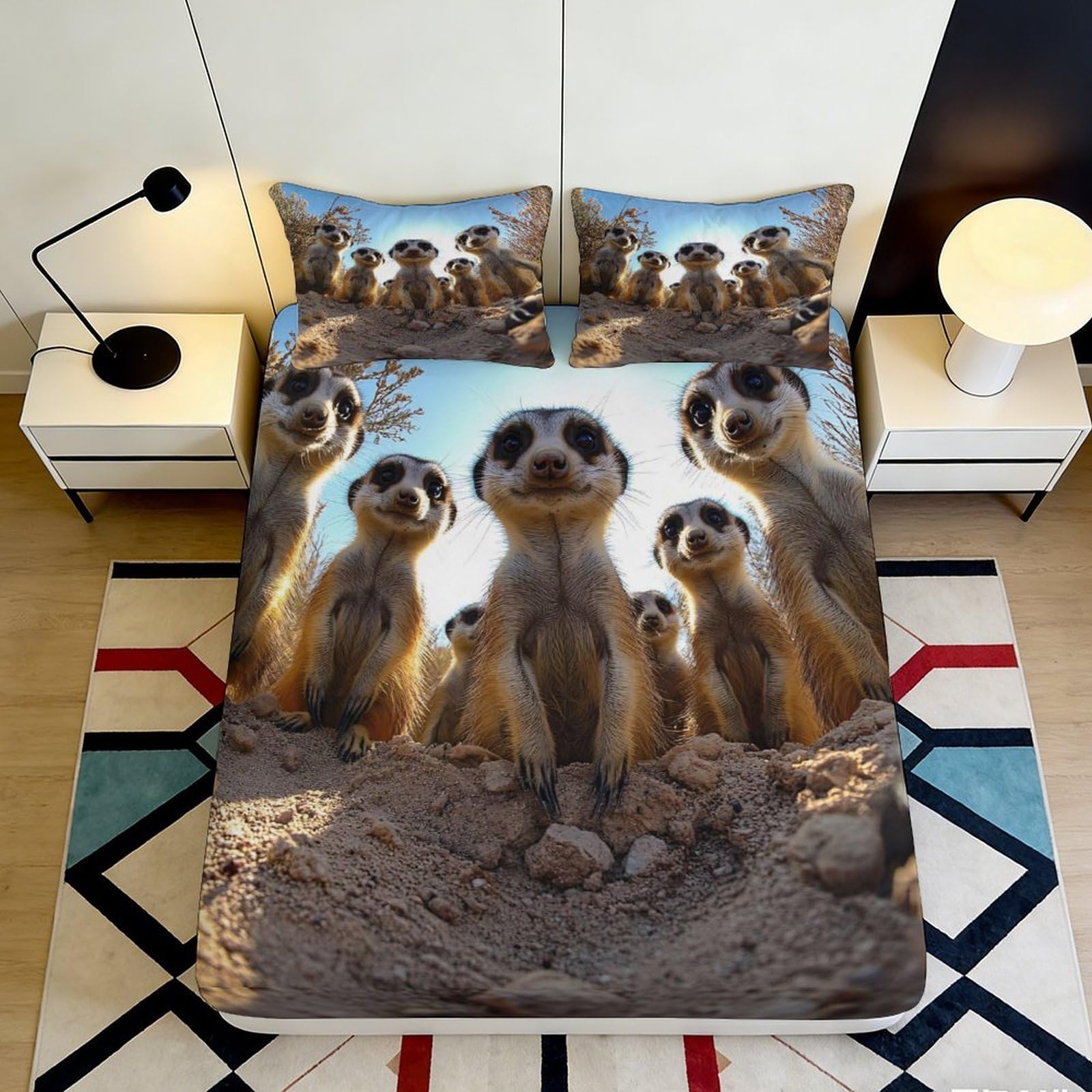 3D Printed Meerkat Animal Fitted Sheet Microfiber Soft Durable Playful Wildlife Bed Cover for Bedroom Dormitory Guest Room Mattress Protection Decor 140x200x25cm