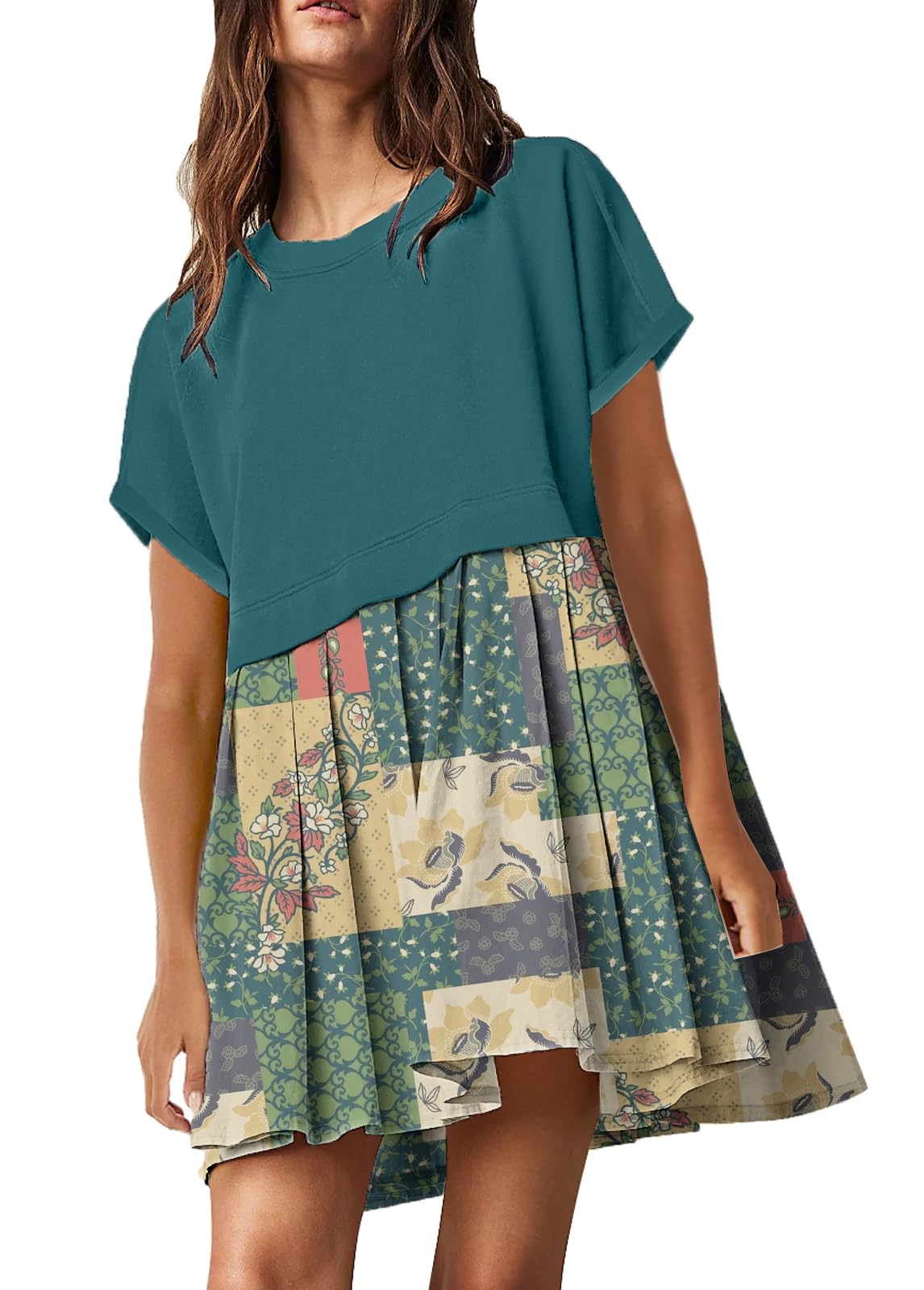 SAUKOLE Womens Summer Crew Neck Short Sleeve Dress Patchwork Pleated A Line Beach Mini Dress