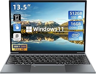 Morostron 13.5" Touch Screen Laptop, Windows 11 Laptop Computer with Intel N5095, 16GB RAM 512GB SSD, 3000x2000 FHD, Backlit Keyboard, Touch ID, WIFI, USB3.0*2, Bluetooth 4.2, HDMI, 38WH Battery, Gray