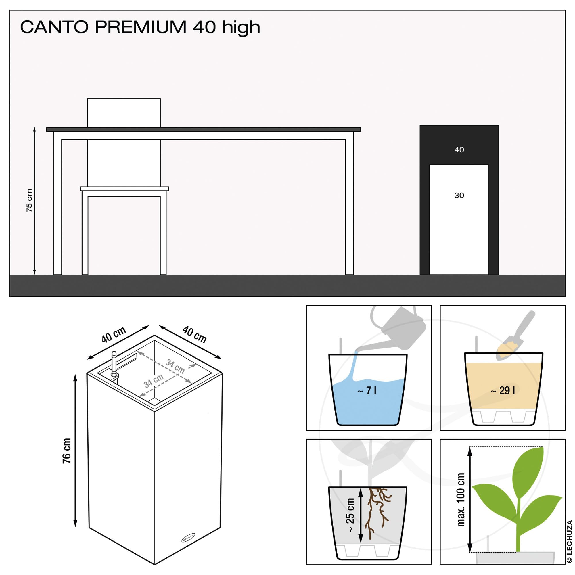 Lechuza Donica, System Nawadniania, Canto Premium 40 Optymalny Antracyt Metalik, 13653