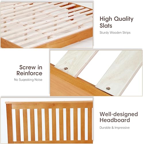 Miniatura 5 de PayLessHere Base de cama de plataforma de madera, base de madera maciza, soporte de listones de madera, no necesita somier, fácil montaje, marrón