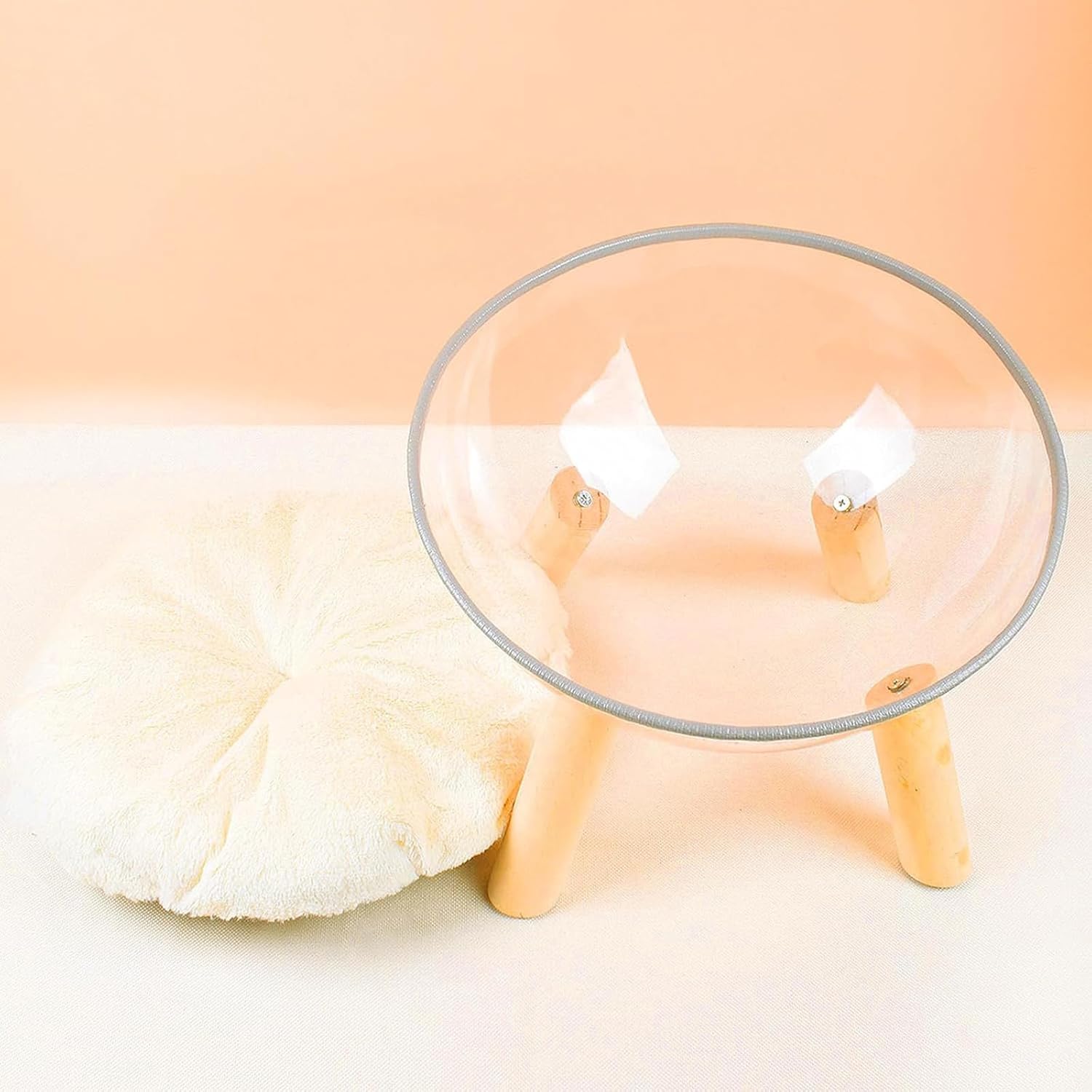 review Clear Space Capsule Cat Bed Cat Nest Bed with Cushion Transparent Capsule Indoor Cat House Clear Cat Bed Bowl Nest with Wood Legs Washable-Round Pet Bed for Kitten