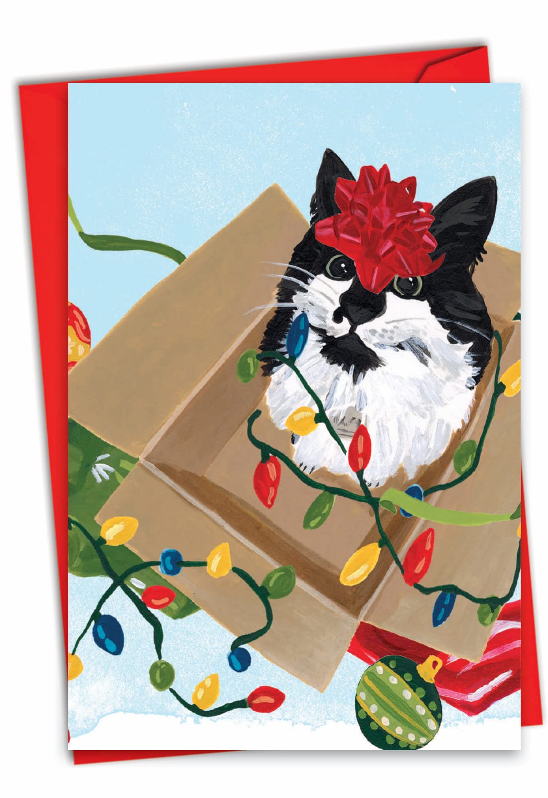 The Best Card Company - Funny Merry Christmas Greeting Card with Envelope (4.63 x 6.75 Inch) - Purr-fect Holiday-Red Bow C9555BXSG
