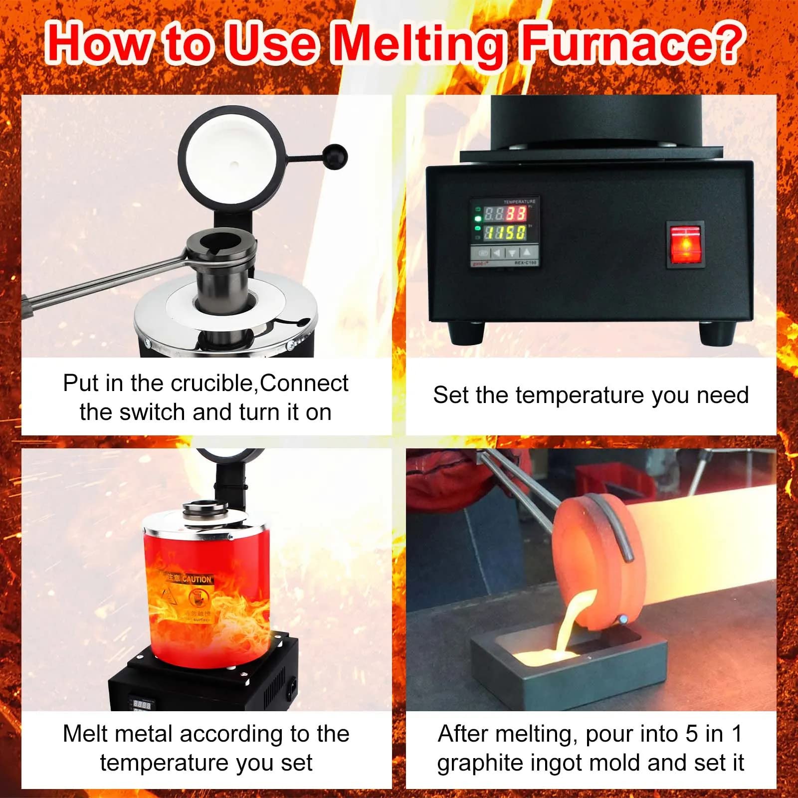 Forno elettrico per fusione dell'oro da 1600 W, kit per fusione di metalli sotto vuoto per raffinazione ad alta temperatura, macchina per la fusione di metalli digitali 1150 ℃/2102 ℃, per la creazio