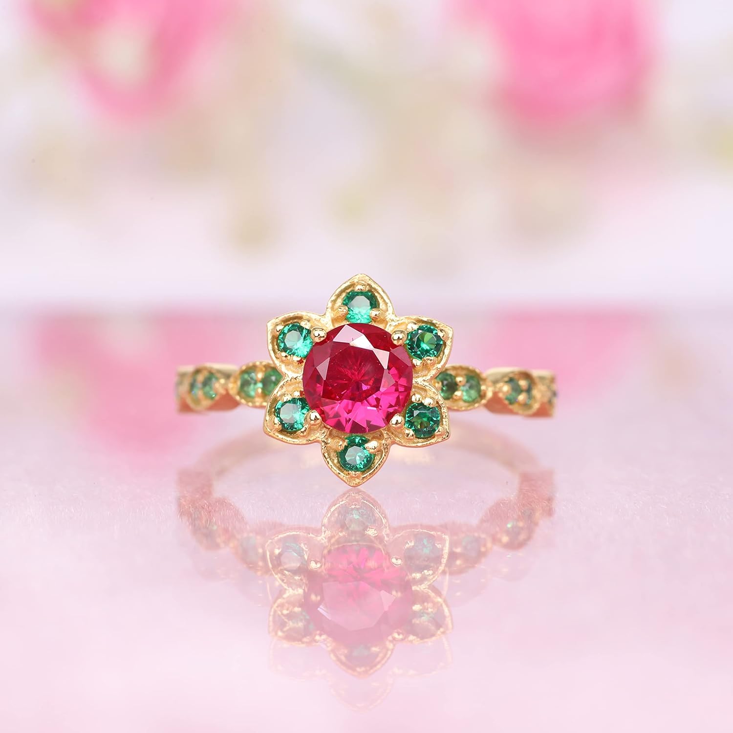 Floral Ruby Emerald Ring Yellow Gold Engagement Ring Nature Inspired Handmade Jewelry July Birthstone Ring For Her Birthday Gift For Girls BY ABEST JEWELRY