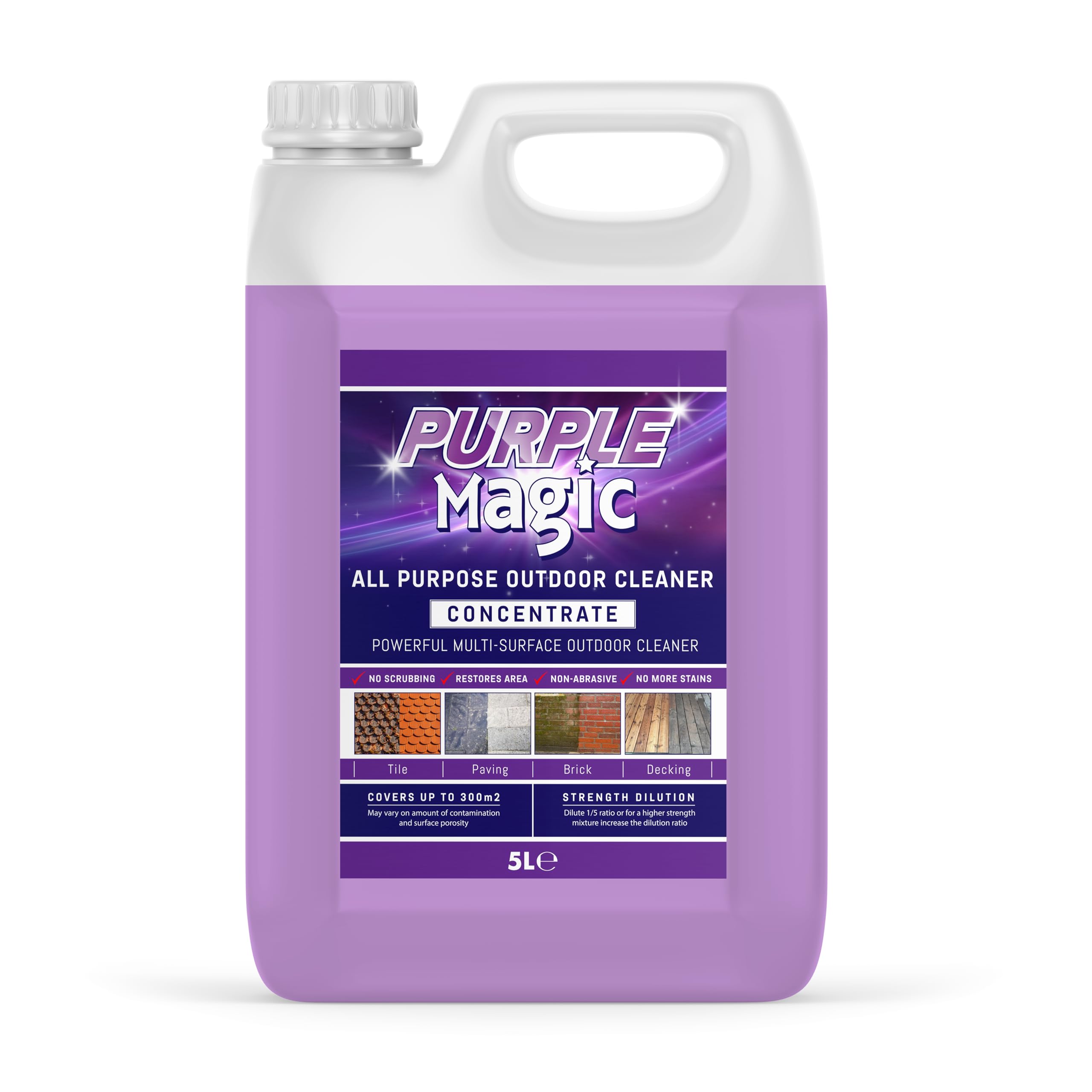 Purple Magic - All Purpose Outdoor Path and Patio Cleaner | Concentrated Mould, Mildew, Lichen, Algae Remover | Decking, Driveways, Rooftops, Spray & Leave Cleaner (Up to 300m2 coverage) - 5 Litre