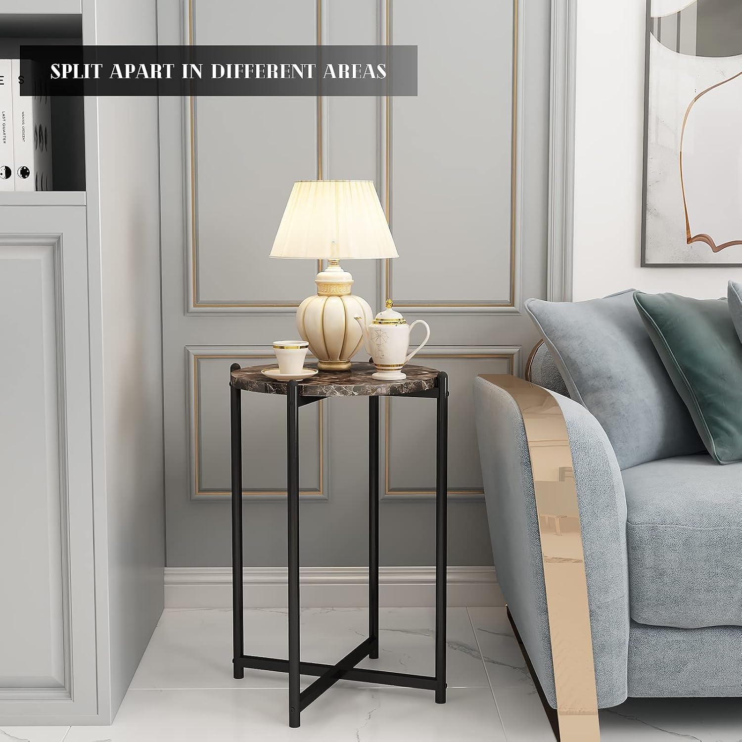 AWQM Faux Marble Coffee Table Set of 3, 1 Coffee Table & 2 Sofa Table, Round Tabletop and Metal Cross Base Frame, Ideal for Living Room, Apartment, Bedroom, Brown & Black : Home & Kitchen