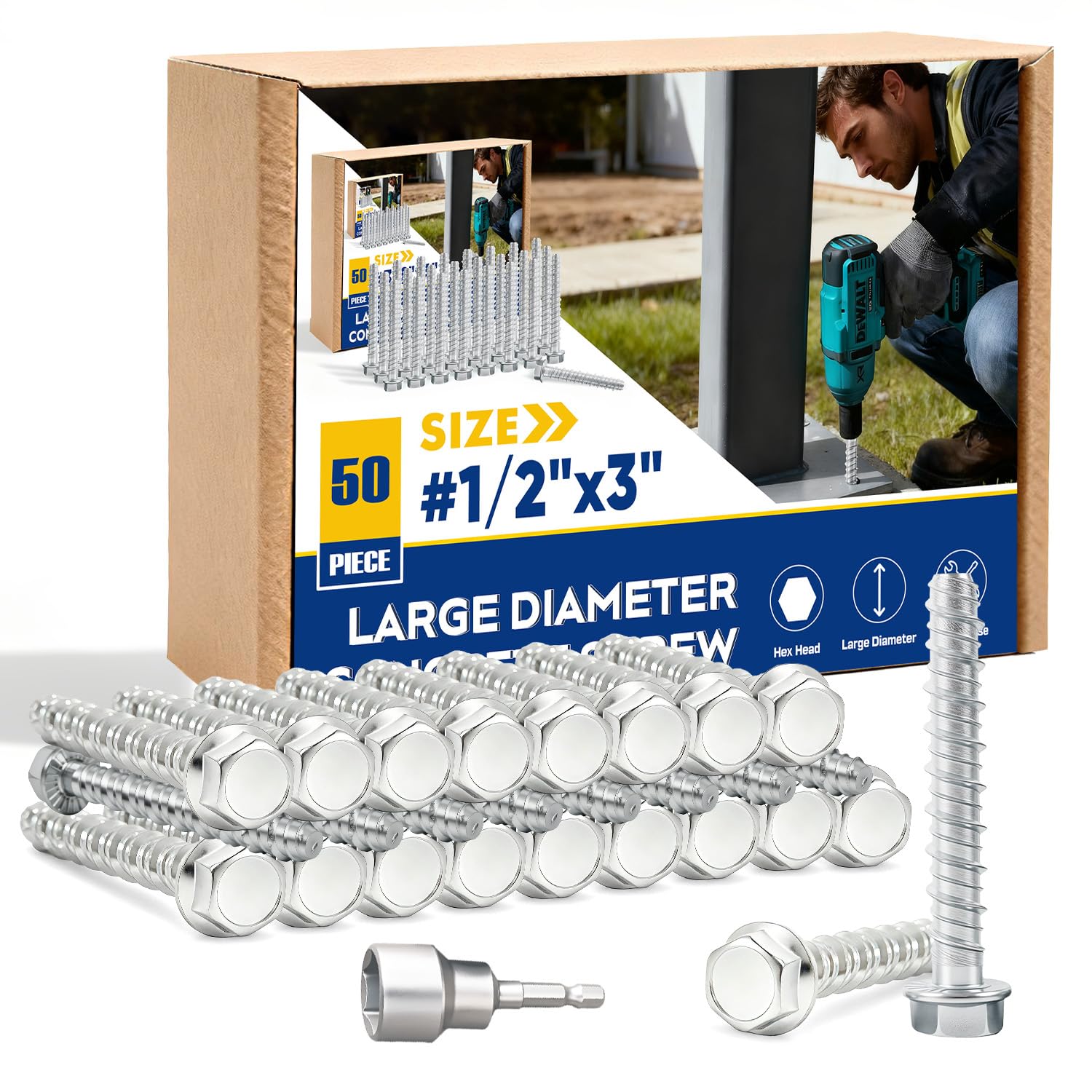 1/2" x 3" Large Diameter Concrete Screw 50 Pack - Heavy Duty Concrete Anchors, Masonry Screws for Brick, Block, Wood & Framing - Zinc Plated Hex