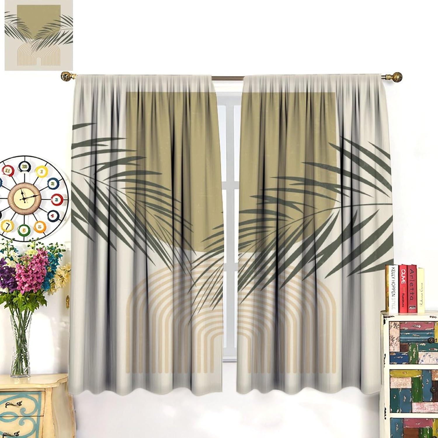Modern Boho Blackout Curtain Stylish Simple Style Patterns and Bamboo Leaves Mid Century Rod Pocket Window Curtain for Bedroom Living Room Decor 42" W X 54" L