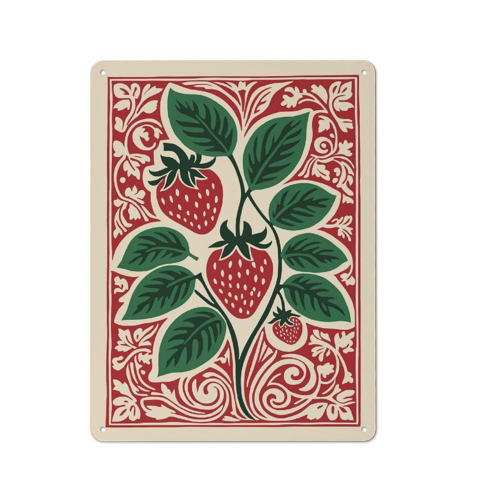 Junmoney Style-4 Tin Wall Plaque 40X30cm With Strawberry Plant Illustration With Decorative Border For Guest Room Or Hallway, For Updating Guest Room And Hallway After Moving