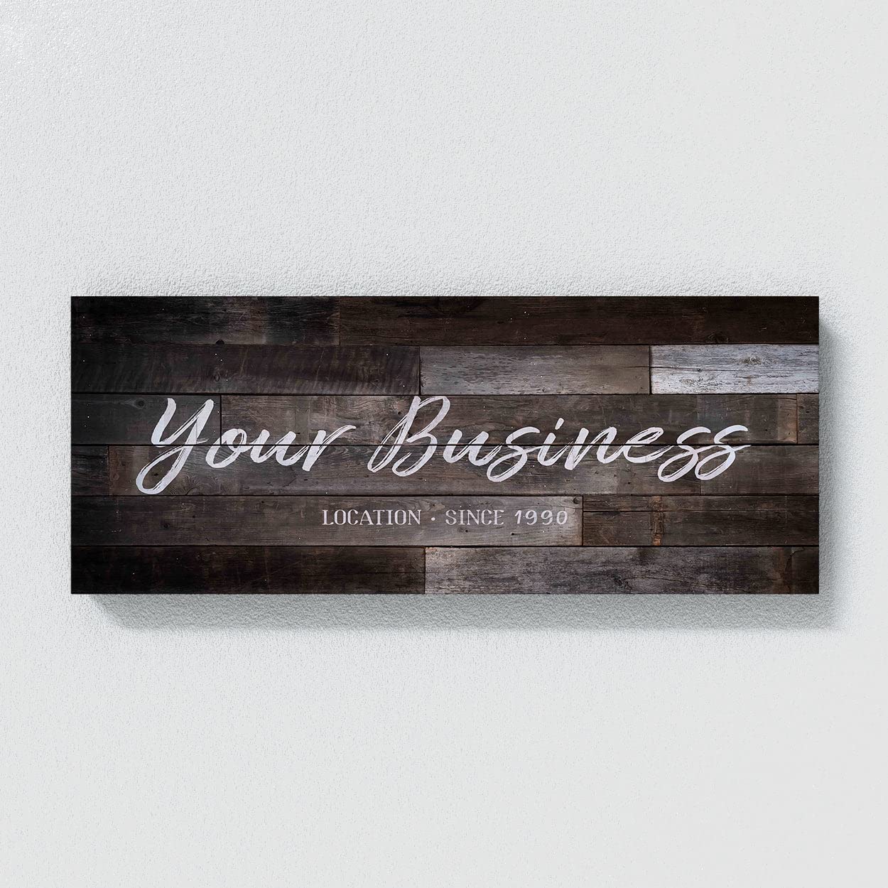 Personalizado Your Business Company - Cartel de madera más oscuro personalizado de arte en lienzo para decoración del hogar, póster de pared pequeño de 20 x 8 pulgadas | Sense Canvas