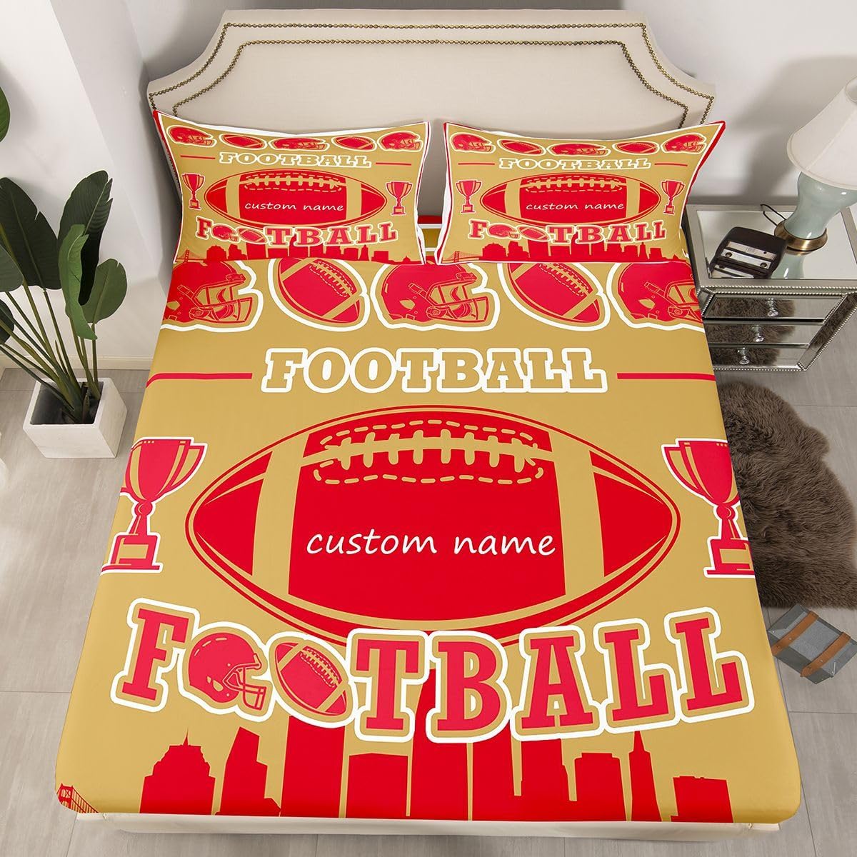 Erosebridal Custom Football Bed Sheets Queen Size,Customized Red Khaki Football City Sheets for Sports Fans,Boys Girls Rugby Bedding Set,Ball Competition Flat Fitted Sheet(Khaki and Red)